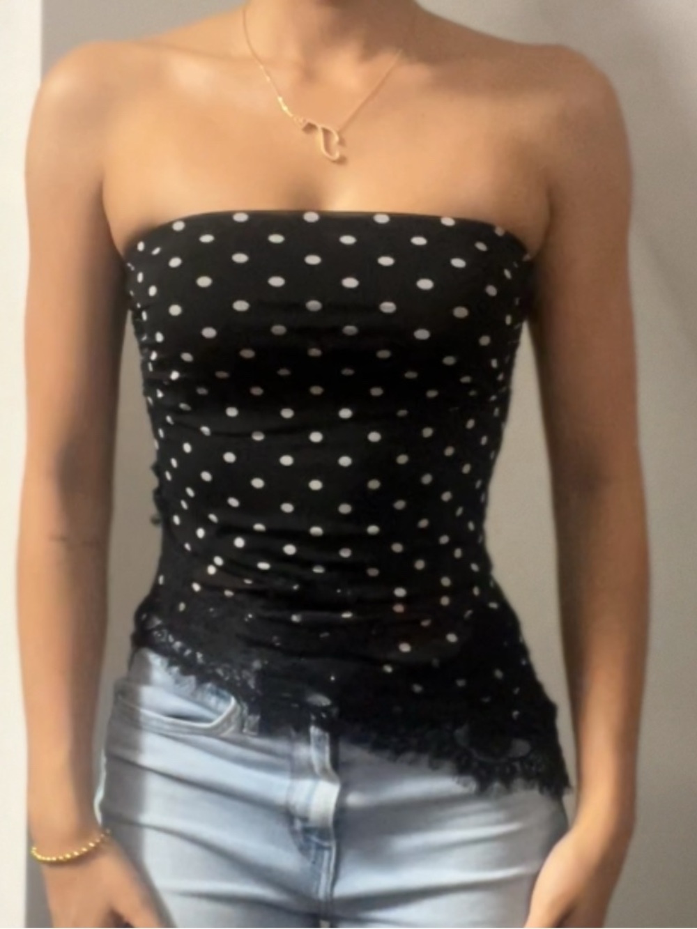 Polka Dot Strapless Lace-Hem Camisole - Black/White